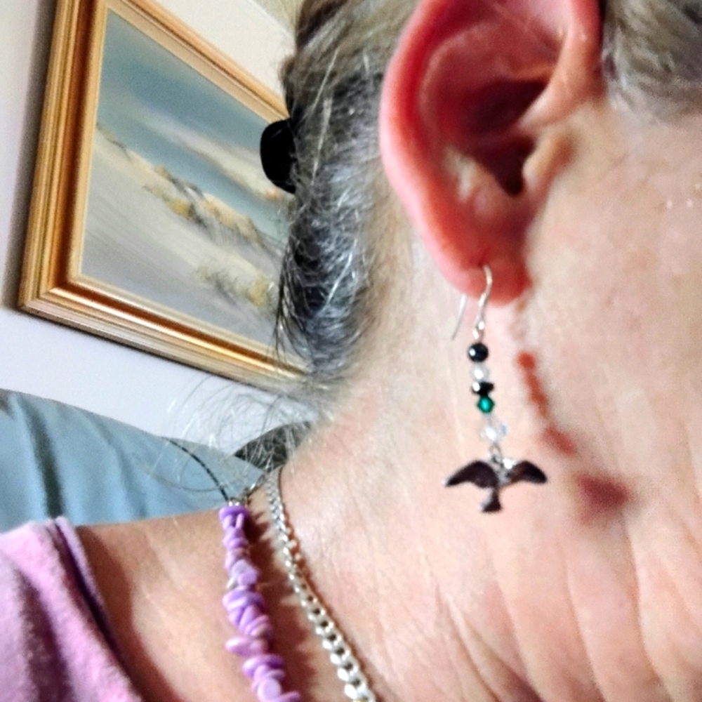 SOLID STERLING SILVER 99.9 "BIRD* EARRINGS, SWAROVSKI,  HEMATITE. STERLING HYPO.